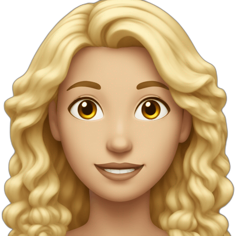 a beautiful woman, in the representation of the One who loves God, has a big smile, stares at the camera in front of her, her hair is blond and long emoji