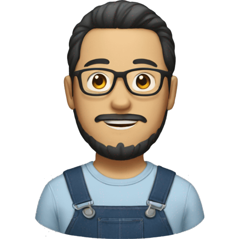 an Asian man with a beard and glasses, wearing an overall and a man bun emoji