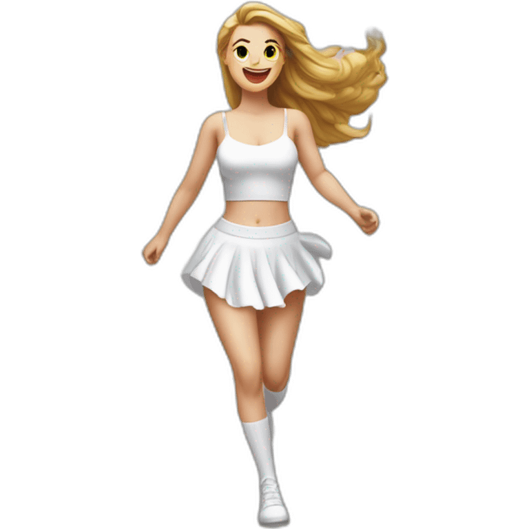 hyperrealistic-full-body-caucasian-curvy-beauty-jumping-small white-skirt-back-and-front-views-strong-wind-white knickers white socks emoji