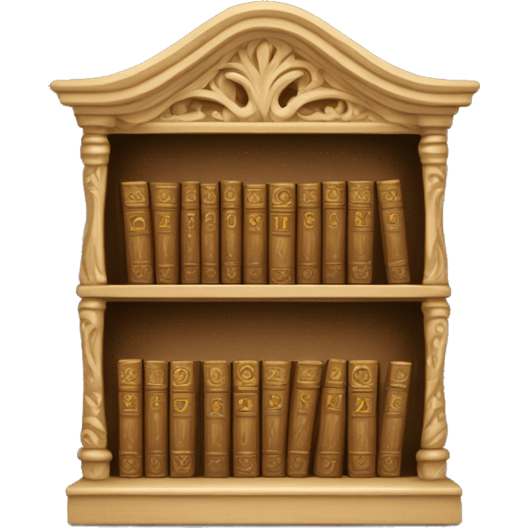 A small wooden bookshelf with an ornate carved design, filled with neatly stacked books in beige and gold accents emoji