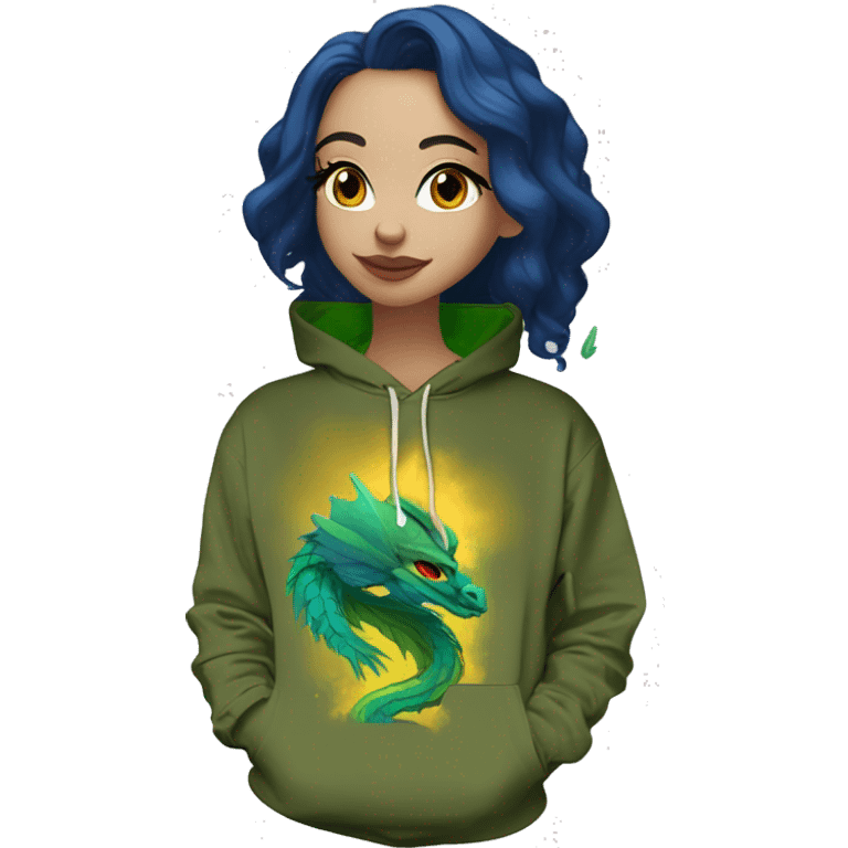 420 Lady with brunette and iridescent blue hair, hemp, gold, green dragon wings, maroon hoodie, 420, black and gold Nike t shirt, and bright red eyes emoji