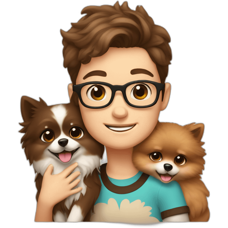 Boy in glasses and brown hair girl hug their cream color pomeranian  emoji