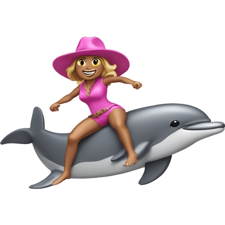 woman surfing a wave on a dolphin with a pink cowboy hat emoji