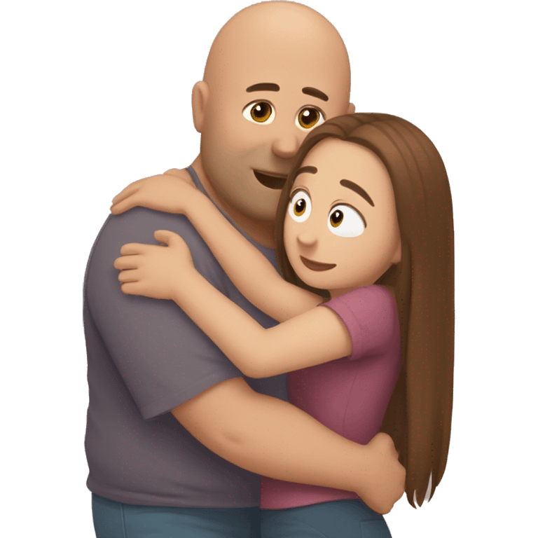 Long brown hair girl hugging bald chubby guy emoji