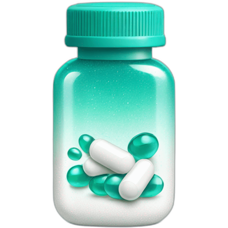 white pill bottle with teal medicine capsule, sparkles and texture emoji