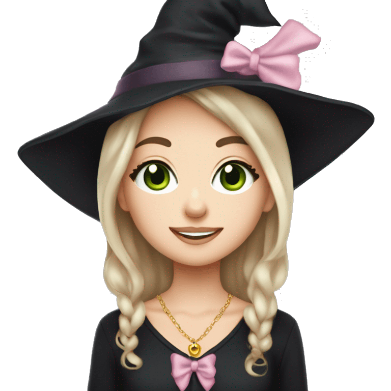 Witchy light brunette haired green eyed light freckles white girl with a witty smile a gold necklace and a black witch hat with a baby pink bow emoji