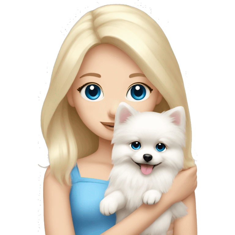 Blond girl white skin blue eyes hugging white Pomeranian with light pink bow emoji