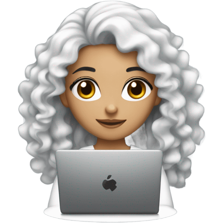 Beautiful girl,Black hair,curly hair ,mid hair,Black eyes, arab, typing on apple laptop  emoji