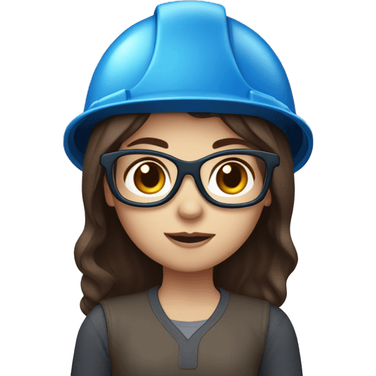 Girl with construction helmet, white skin, blue eyes, dark blue glasses, long brown hair emoji