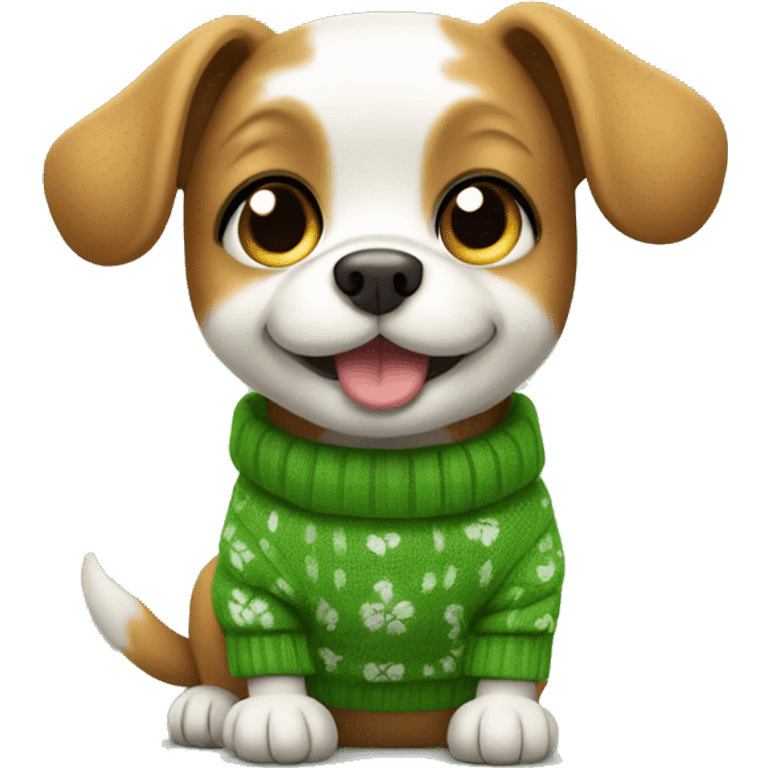 Little dog wearing sweater with four-leaf clever and waving a paw emoji