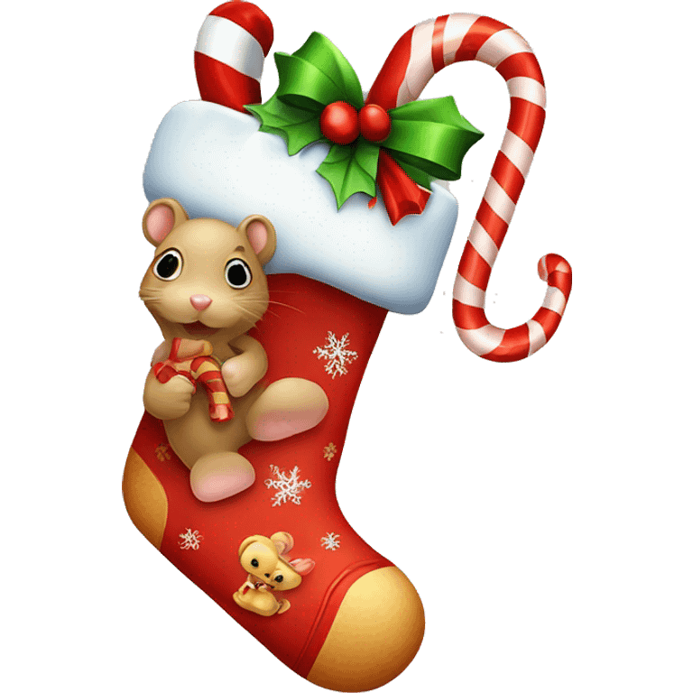 Cute Christmas stocking with a little mouse, a candy cane, and presents emoji