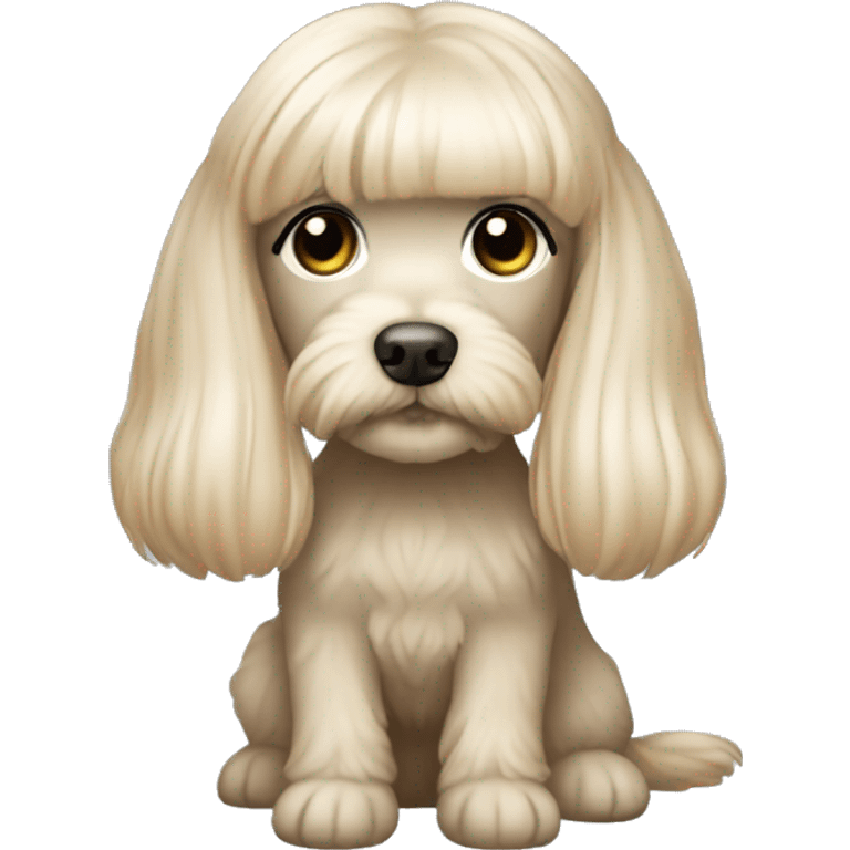 Blonde long straight hair girl gray-blue eyes with maltipoo beige emoji