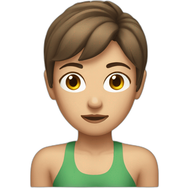 woman with muscles,short hair,tired eyes,brown hair, tight swimming trunks emoji