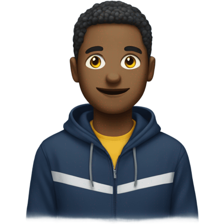 generate me a yellow emoji person wearing a navy blue hoodie emoji