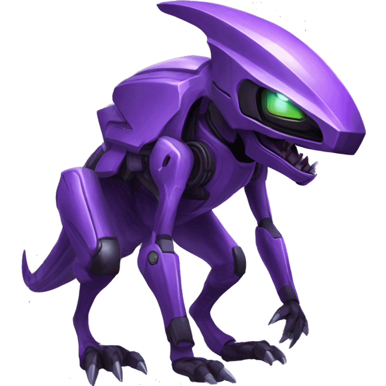 a black-purple Genesect-Raptor-Fakémon—hybrid with a futuristic visor-helmet full body emoji