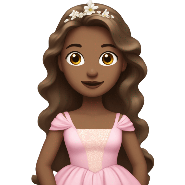 Princess with slightly wavy, brown shoulder length hair, white skin, and a long flowy pink dress and a flower in her hair emoji