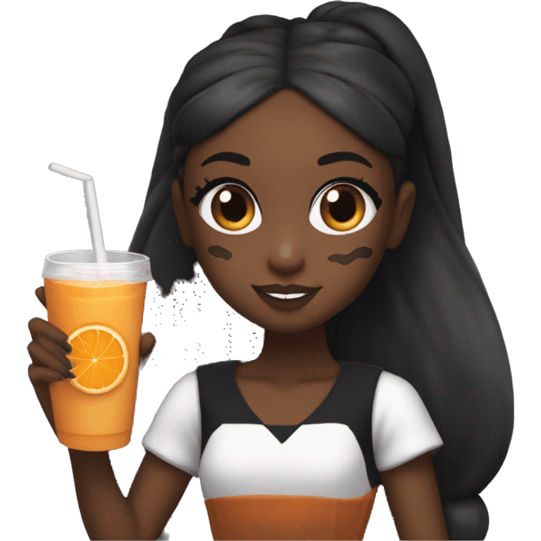 Ariana grande with black skin holding a cookie and Orange juice with dark hair and high ponytail emoji