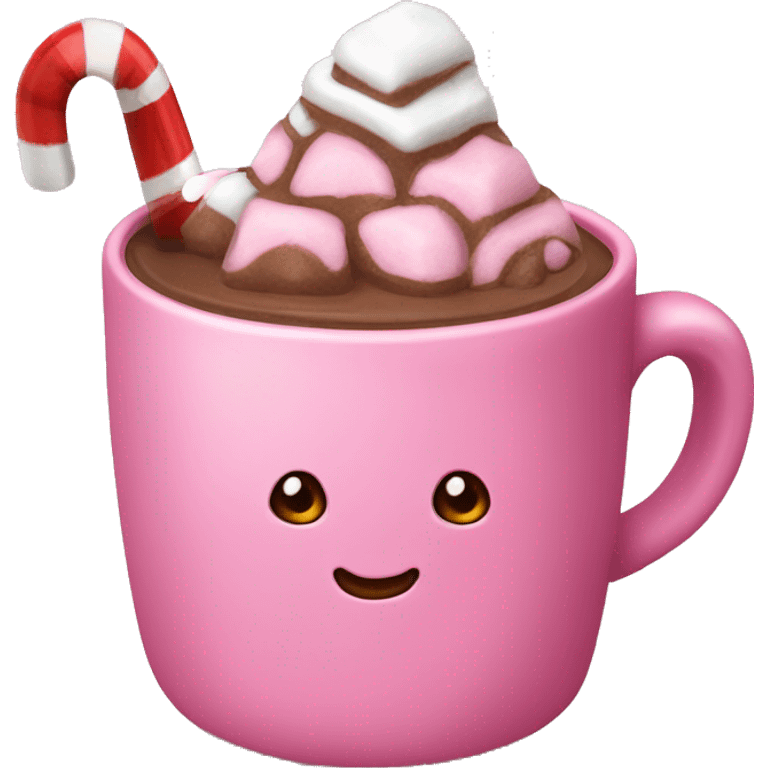 pink mug of hot chocolate with a candy cane emoji