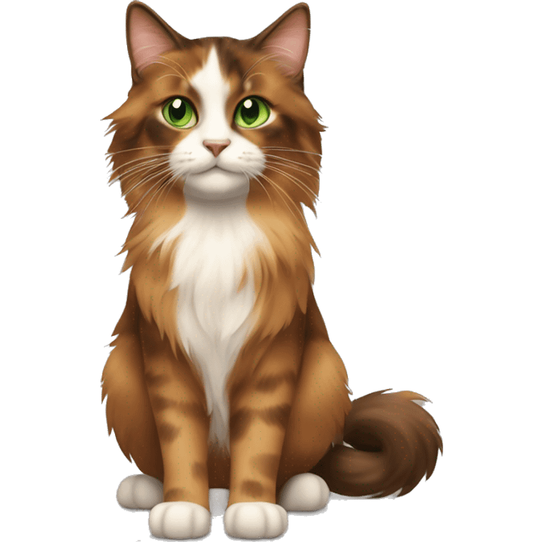 Long-haired, brown and brown calico cat with green eyes a girl next to her emoji