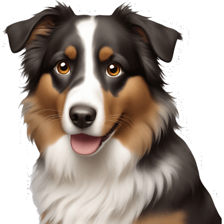 Australian shepherd, black, light brown and white, a white line in the middle of the face, brown stain above brown eyes emoji