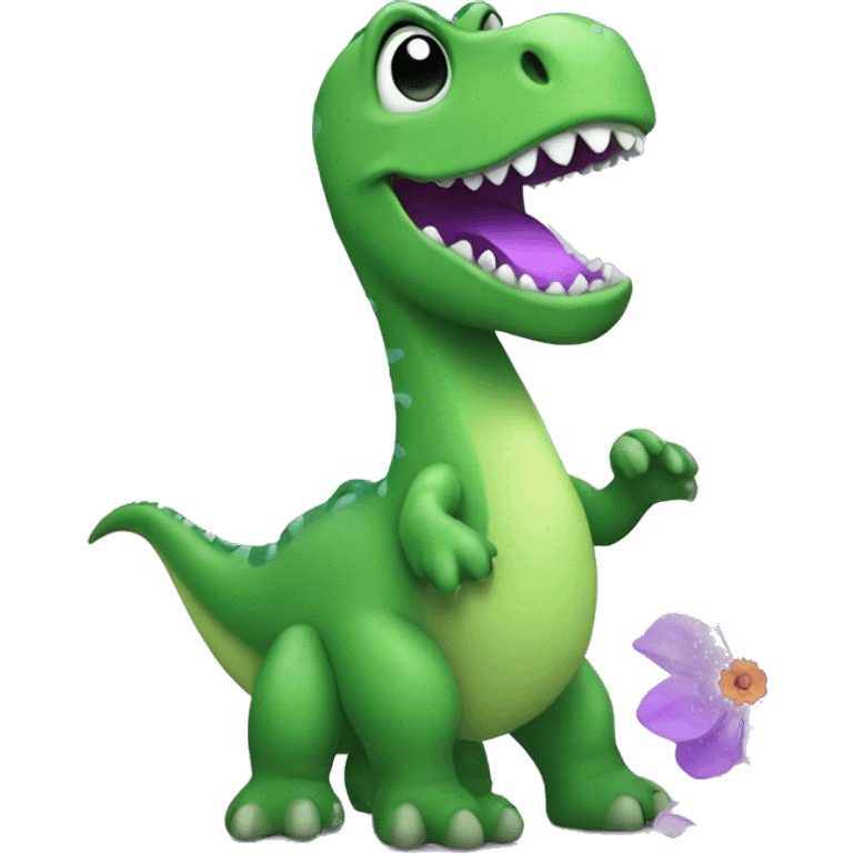 Green dino with violet flower emoji