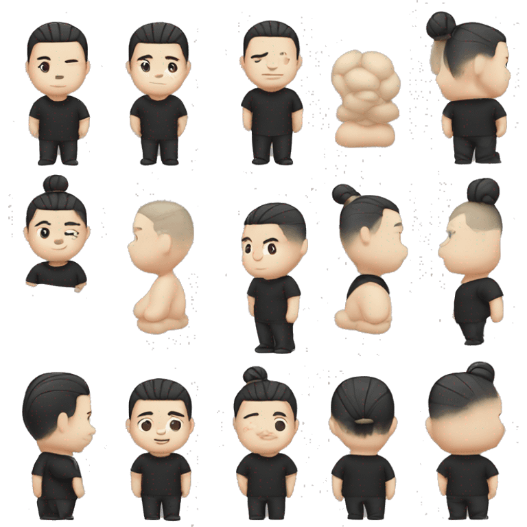 chubby chines with fair skin and man bun and black shirt emoji