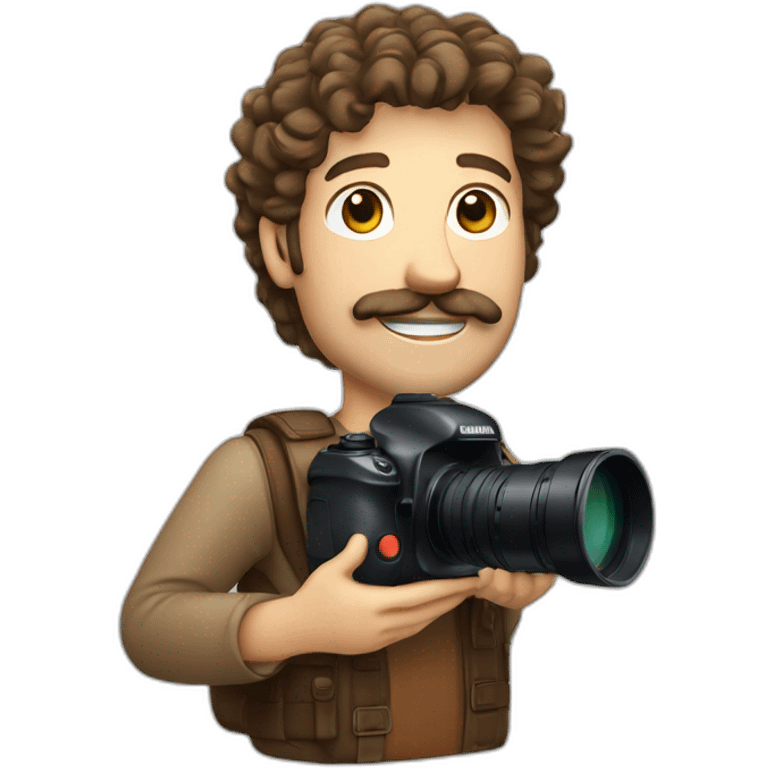 Caucasian VideoMaker with big camera and long lens, with moustache and gotaee, curly brown hair, brown eyes emoji