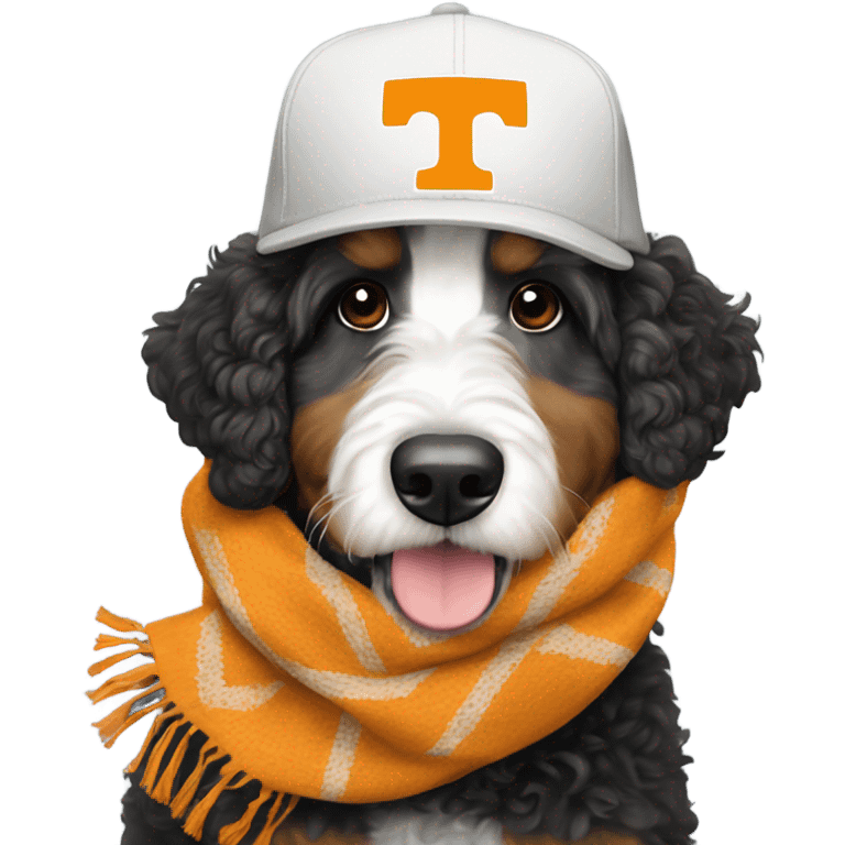 Bernedoodle with University of tennessee hat and scarf emoji