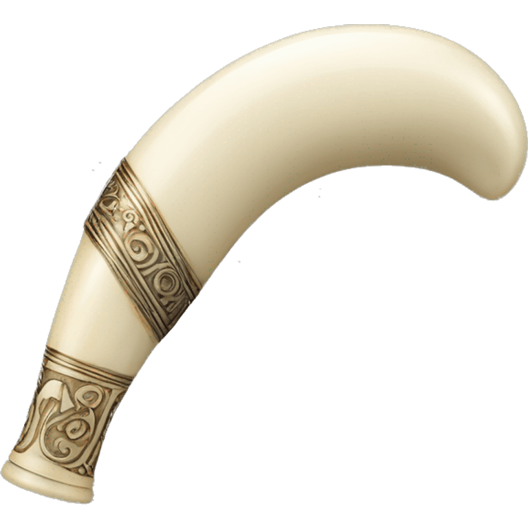 a long, slightly curved horn made from ivory , pale and polished to a soft shine  with a natural, ancient feel. Near the mouthpiece and the end, there are smooth silver bands, each engraved with intricate designs. emoji