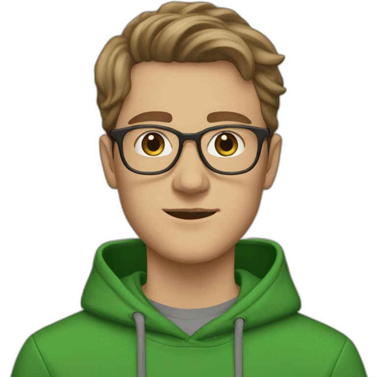 21 year old, white man, swooped brown hair, clear glasses, wide head, green hoodie emoji