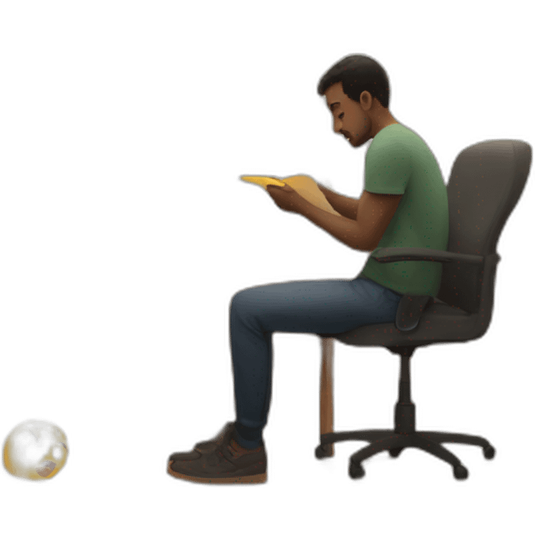 a man sits and studies something new, a product flies in the background emoji