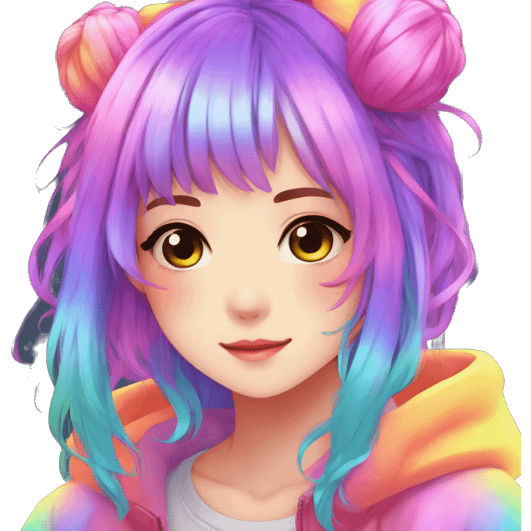 Gorgeous anime style shojo character with blushing face aesthetic and pretty colorful shiny gradient neon rainbow hair with hair garment trending style emoji