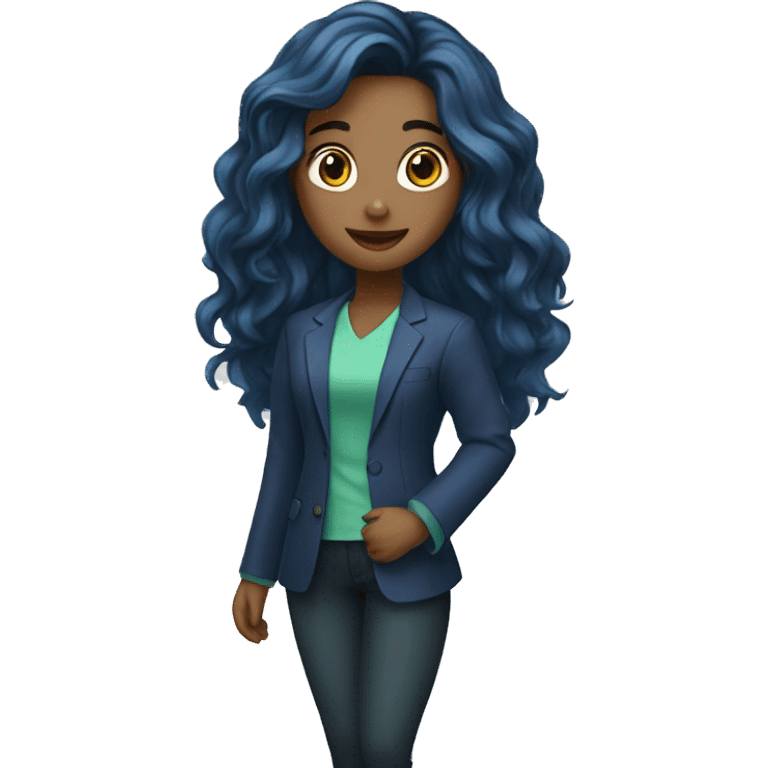 A girl College student with Blue-Geen-ish Blazer doing a Presentation with long wavy black hair emoji