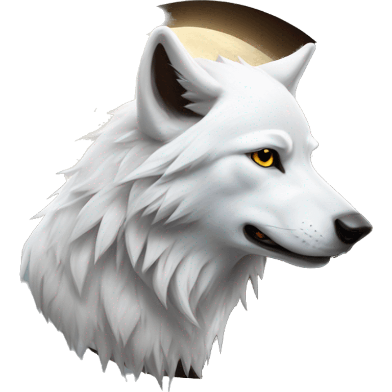 white wolf with dark brown eyes howling in front of a realistic moon emoji