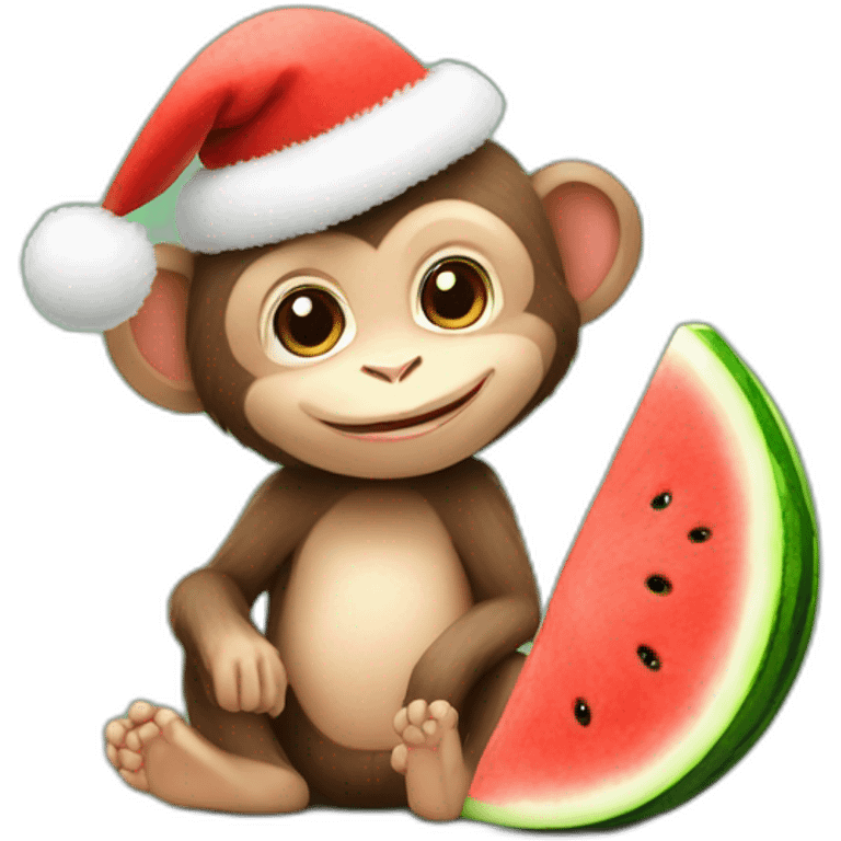 baby monkey with a watermelon with christmas hat emoji