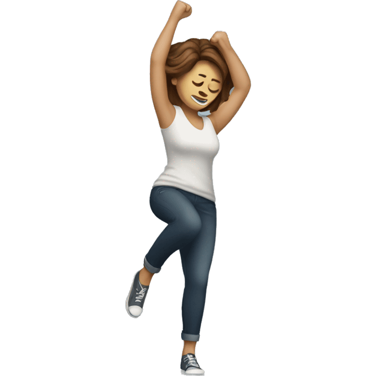 a woman with brown hair dabbing her arms  emoji