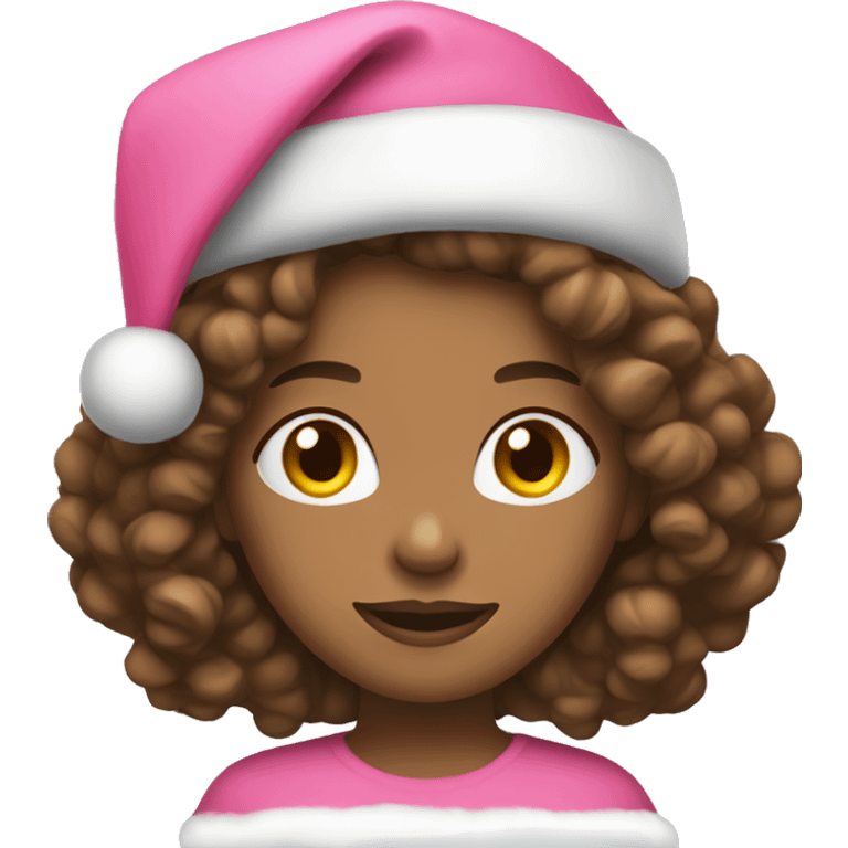 Woman with shoulder length curly brown hair wearing pink Santa hat emoji