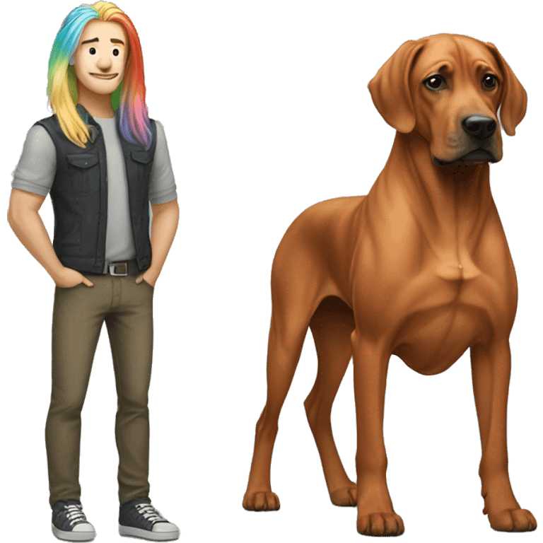 white male with long rainbow colored hair standing alongside a brown rhodesian ridgeback emoji