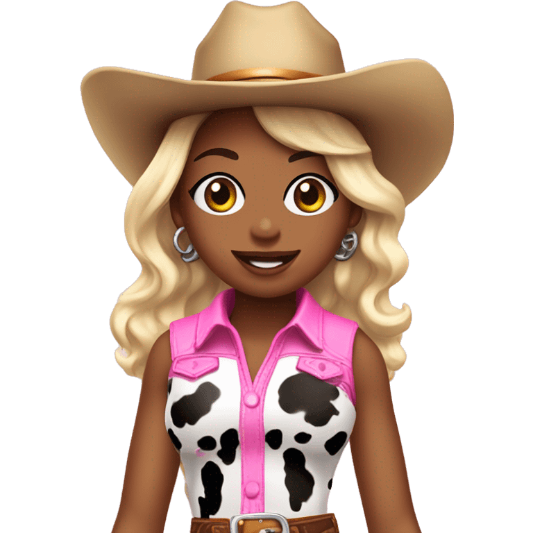 Cute cowgirl with shiny cow print outfit and pink cowgirl boots smiley face earrings and pink cowboy hat  emoji