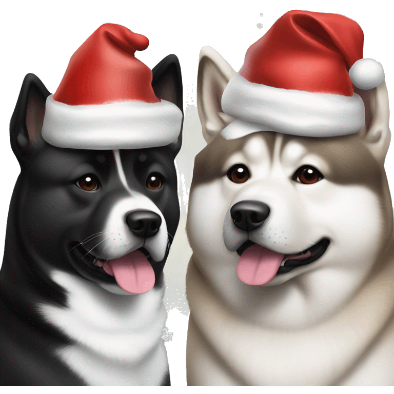 Two American Akita dogs one black and white and the other one fully black wearing Christmas hats emoji