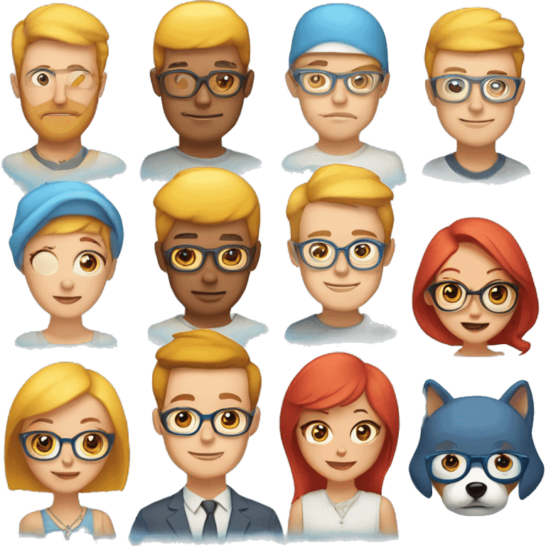 A blonde man with light blue eyes and blue glasses, a redheaded woman with grey eyes and a Shiba Inu hugging all wearing yellow birthday hats emoji