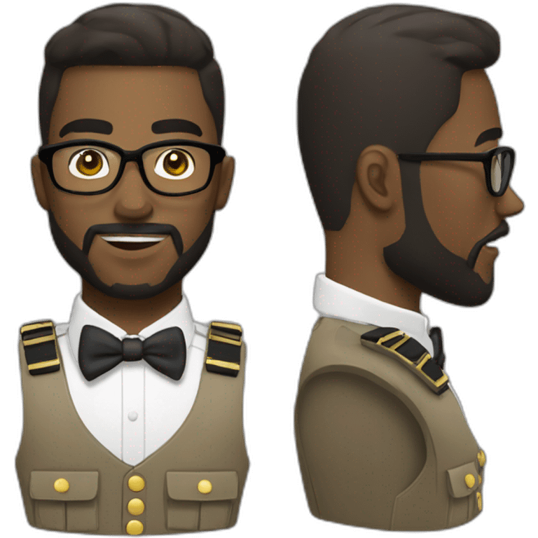 black soldier with beard, part in hair, white collared shirt, bow tie, gold glasses, bulletproof vest  emoji