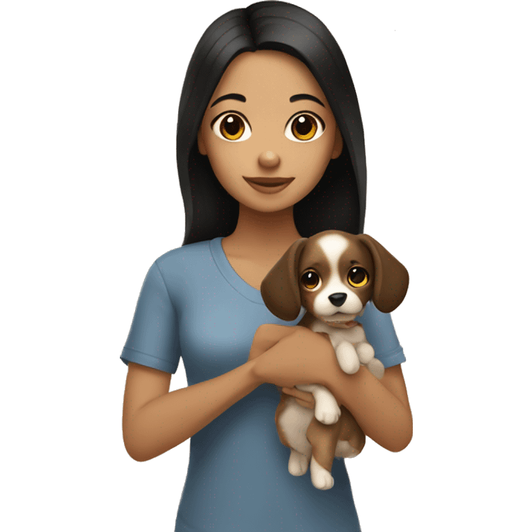 Girl with black hair and brown eyes holding a light brown puppy emoji