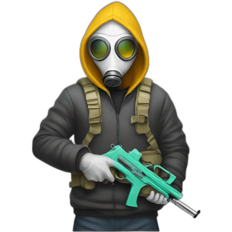 white man with hoodie and gas mask and paint gun emoji