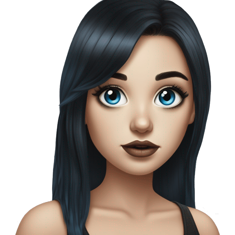 Hyperrealistic drawing white girl blue eyes and long black hair with rainbow fringe. Wearing black crop top and has dark eye makeup on her eyes emoji