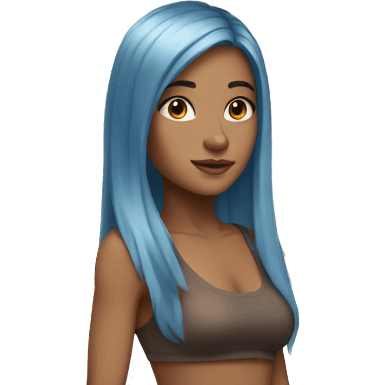 a girl with light tan skin, straight long blue hair, brown eyes, standing,very beautiful,very hot emoji