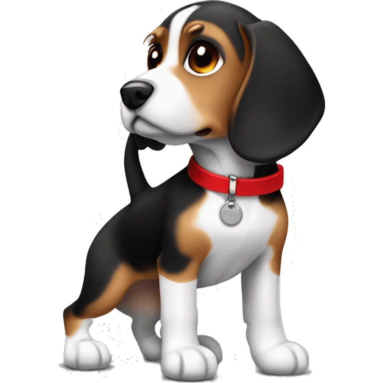 Small beagle dog black, brown and white with red collar with a tag  emoji