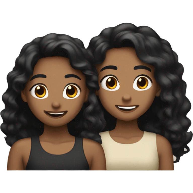 Two best friends celebrating they are both tan skin tone one with dark brown hair and the other one with the black hair emoji