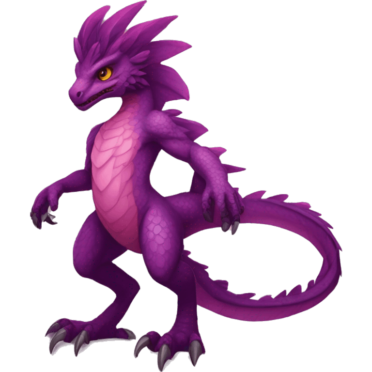 Mauve-maroon-red-violet-colored anthro-raptor-dragonkin-scalie-sona-Fakémon-hybrid with a mane on head and back full body emoji