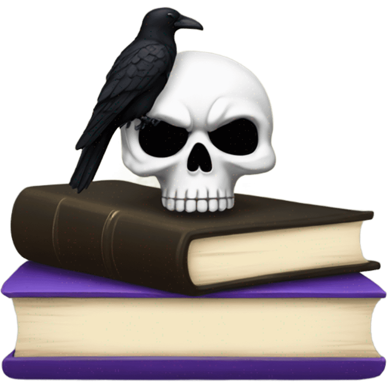 Skull with a bow on the top of the head on top of books with a black raven emoji